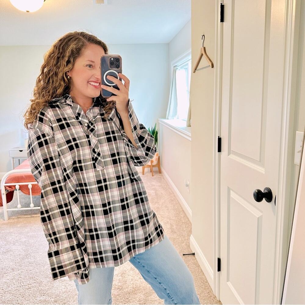 Talbots Black Red Plaid Wrinkle Resistant Long Sleeve Top 20W